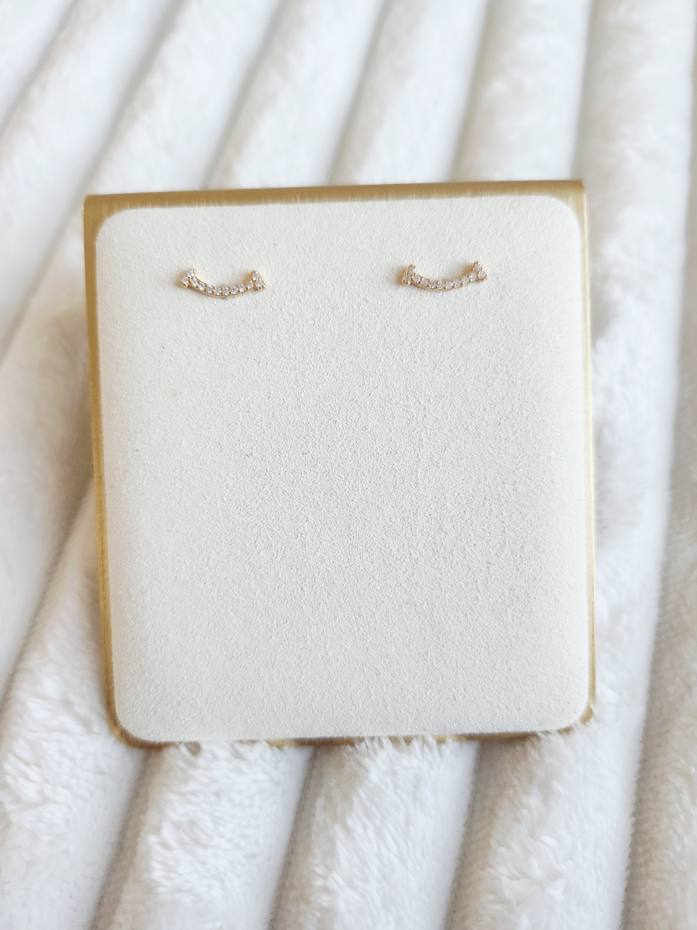Gold Tone Pave Smiley Face Curved Bar Stud Earrings Tiny Crystal Studs